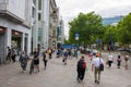 Berlin, Germany - June 29, 2022: View along KurfÃÂ¼rstendamm with subway or metro station of the same name. People stroll along the Royalty Free Stock Photo