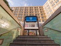 View on sign at Alexanderplatz subway / metro station. Traditional german U-Bahn logo, taken at