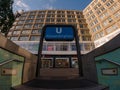 View on sign at Alexanderplatz subway / metro station. Traditional german U-Bahn logo, taken at