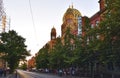 View to the dome and the small towers of New Synagogue in the downtown of Berlin in the evening sun