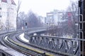 Empty tracks of the elevated metro in winter scene in Berlin, German