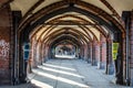 BERLIN, GERMANY, MARCH 12, 2015: brick arcs of oberbaumbrucke creates covered passage for pedestrians in berlin....IMAGE