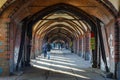 BERLIN, GERMANY, MARCH 12, 2015: brick arcs of oberbaumbrucke creates covered passage for pedestrians in berlin....IMAGE