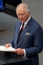 close up portrait of King Charles III. during his speech at the Bundestag