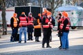 Berlin, Germany - March 27, 2023: A protest action by railway workers is taking place at the Berlin East railway station