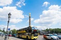 Berlin, Germany - May 31, 2017: city circle sightseeing bus in street road with berlin victory column on background in Royalty Free Stock Photo