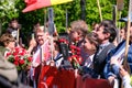 Berlin, Germany - May 9, 2023: Crowd of people with Russian and Soviet flags at Soviet War Memorial in Berlin's Royalty Free Stock Photo
