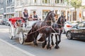 Tourists ride on traditional coach with two horses, also known as Fiaker at street of Berlin Royalty Free Stock Photo