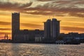 Berlin, Germany - November 29, 2018: River Spree with the building of the Allianz insurance company, and Molecule Man, a series of