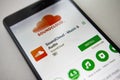 Berlin, Germany - November 19, 2017: Soundcloud application on screen modern smartphone in Play Store. Sound cloud app.