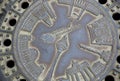 Street manhole cover with the image of landmarks in Berlin