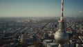 BERLIN, GERMANY - OCTOBER 21, 2018. Aerial view of famous Berliner Fernsehturm or Television Tower against beautiful