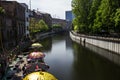 9.7.2017 BERLIN GERMANY Old harbor with old ships at the riverside in Berlin, Germany. In The background is the berlin TV-Tower Royalty Free Stock Photo