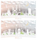 Berlin Germany and Paris France City Skyline Set in Paper Cut Style Royalty Free Stock Photo