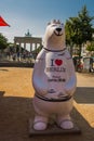 Berlin, Germany: The polar bear sculpture is at the Brandenburg Gate, with the inscription I love Berlin