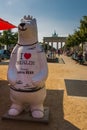 Berlin, Germany: The polar bear sculpture is at the Brandenburg Gate, with the inscription I love Berlin