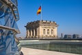 Berlin, Germany - Rooftop of the Reichstag building with the glass panoramic Bundestag dome and historic corner tower with Germany Royalty Free Stock Photo