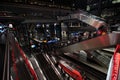 Escalators and interior Architectural details of Hauptbahnhof (Central Station) Berlin and Red trains