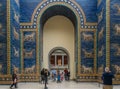 BERLIN, GERMANY - SEPTEMBER 26, 2018: Centralized view of tourists visiting the historical Ishtar Gate of Babylon, made