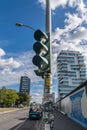 BERLIN, GERMANY - September 26, 2018: Focus in a vandalized traffic light at Breitscheidplatz, near the East Side