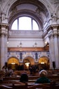 BERLIN, GERMANY, SEPTEMBER 29, 2019 : Inside Berlin Cathedral. Decorations of church. parishioners in the Church. Royalty Free Stock Photo