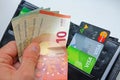 Berlin, Germany - September 4, 2017: Money euro banknotes in man Royalty Free Stock Photo