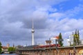 Railway arcades at the river Spree in the center of Berlin. In the background you can see the Red Town Hall, the Alexander Tower a