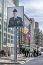 BERLIN, GERMANY - SEPTEMBER 26, 2018: Viewpoint of a tourist location with an image of an american soldier at the