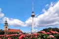 View to the television tower, the Marienkirche and the Neptune Fountain in Berlin Mitte, Germany