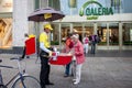 A walking hot dog stand in Berlin. Royalty Free Stock Photo