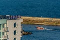 Berlin Golden Beach Hotel, bay, seawall and motorboat in Bulgarian resort