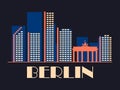 Berlin landscape in vintage style. Retro banner of Berlin city with Brandenburg Gate and houses in linear style. Design for print Royalty Free Stock Photo