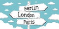 Berlin, London, Paris - outline signpost with three arrows