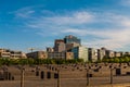 Berlin, `Memorial to the Murdered Jews of Europe` with the Potsdamer Platz in the background