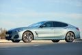 Berlin - October 2021: BMW 8 Series G16 Gran Coupe 840i xDrive M-pack 2021. Left side three quarter view selective focus