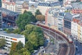 Berlin S-Bahn regional train on the Stadtbahn at Hackesche HÃÂ¶fe town city in Germany aerial view