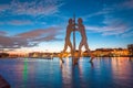 Berlin skyline with Molecule Man sculpture in Spree river at sunset, Germany Royalty Free Stock Photo