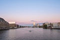 Berlin skyline - river spree panorama, boats and sunset sky