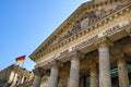 Berlin, Germany - Front view of the historic Reichstag building facade with the monumental colonnade and To The German People -