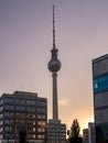 Berlin television tower at sunset.