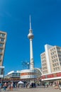 Berlin, Germany - August 16, 2018: The Berlin TV tower overlooks the World Clock at Alexanderplatz. Royalty Free Stock Photo