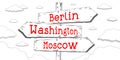 Berlin, Washington, Moscow - outline signpost with three arrows