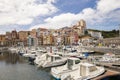 Bermeo, Basque Country, Spain - July 16, 2020: fishing port with colorful facades of houses and fishing boats against the backdrop