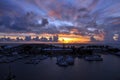 Bermuda harbor with boats and a beautiful sunset colors. Royalty Free Stock Photo