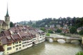 Bern's old town from Nydeggbruecke. Bern's quaint Old Town, a UNESCO World Cultural Heritage Site, is framed by the Aare river and Royalty Free Stock Photo