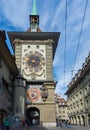 Bern, Switzerland - April 16th 2022: Historic Zytglogge, a reconstructed clock tower, in the historic city centre