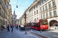 Bern, Switzerland - August 14 2019: Tourists walking in the city center of the Swiss capital. Famous Kramgasse with astronomical