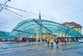 Public tram and trolley station with modern glass canopy on Bubenbergplatz in Bern, Switzerland