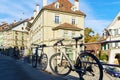Bern, Switzerland - October 17, 2017: Modern bicycles chained to