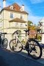 Bern, Switzerland - October 17, 2017: Modern bicycles chained to